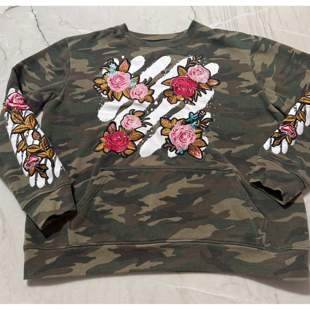 Krisp NYC Camo Floral Rose Embroidered Sweatshirt Kangaroo Pocket Large